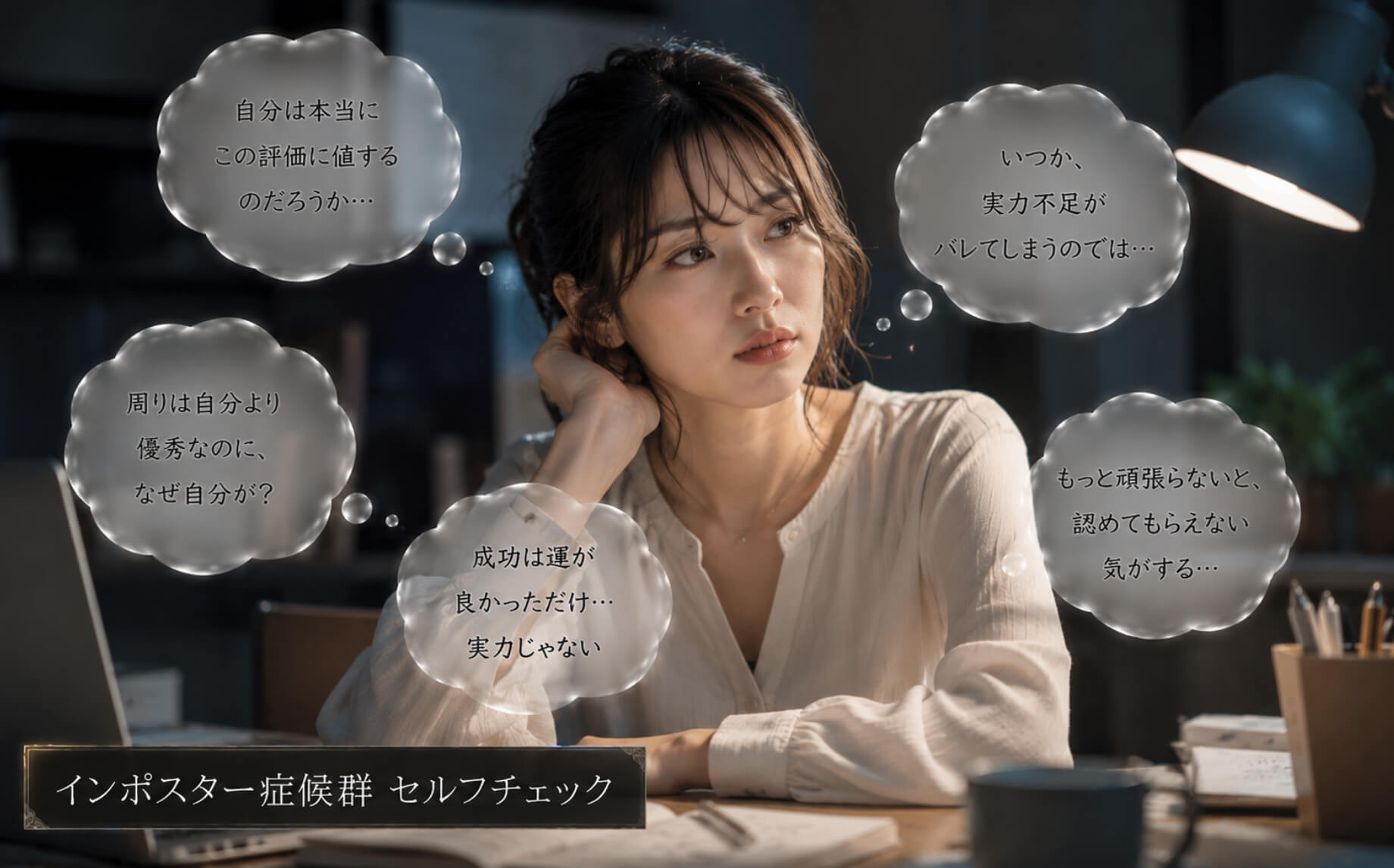 自信が持てず不安を抱える女性｜インポスター症候群 セルフチェック