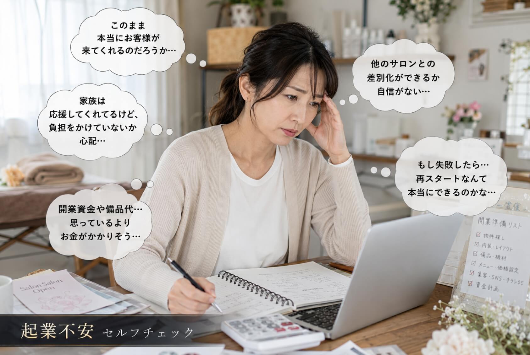 自宅サロン開業を前に資金や集客に悩む女性｜起業不安のセルフチェック
