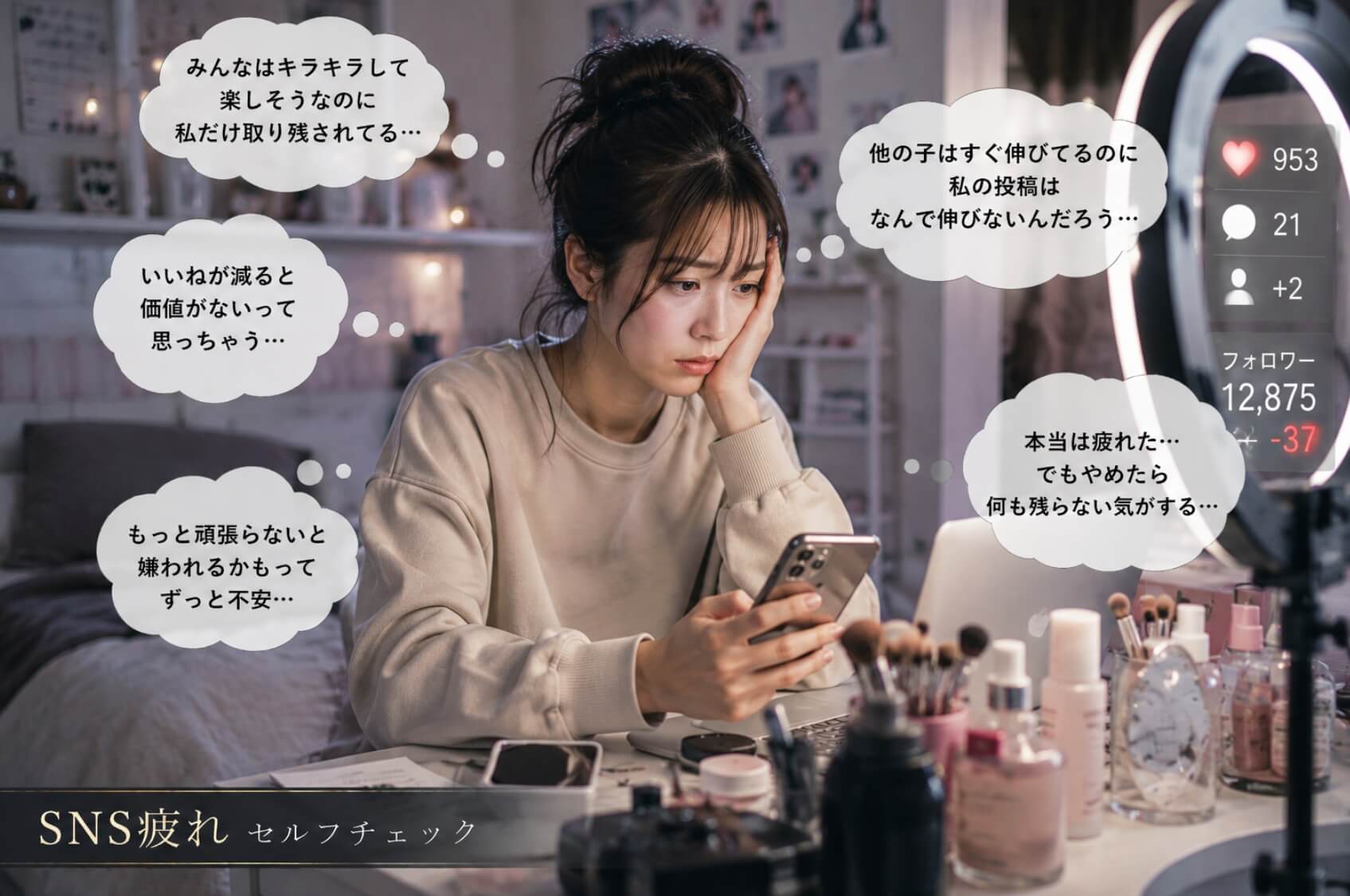 フォロワー数や反応を気にして落ち込む女性｜SNS疲れのセルフチェック