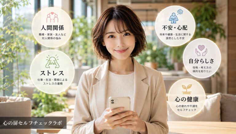 ナチュラルなラウンジ空間でスマートフォンを持つ日本人女性と、人間関係・ストレス・不安などのセルフチェック項目のイメージ