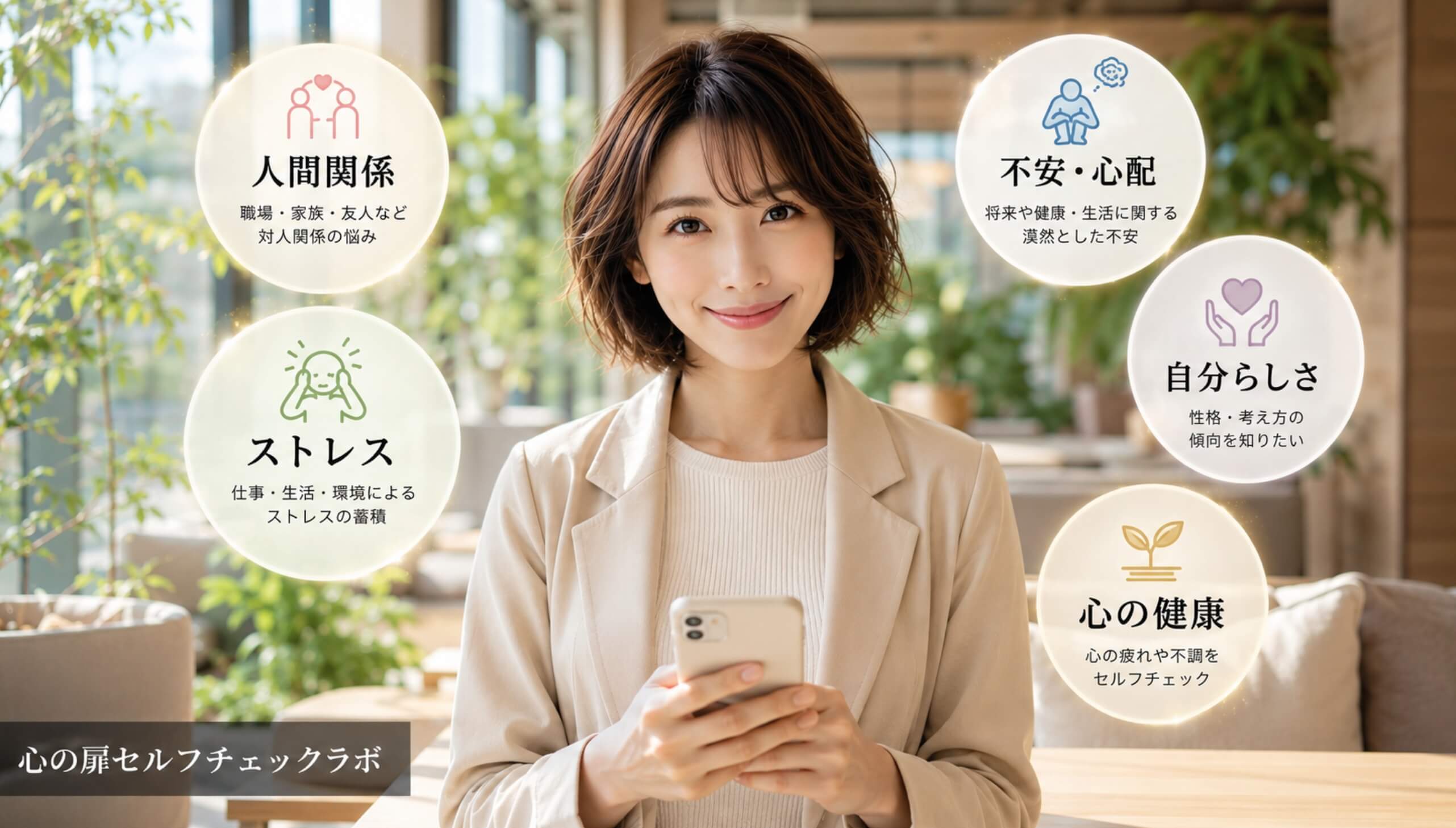 ナチュラルなラウンジ空間でスマートフォンを持つ日本人女性と、人間関係・ストレス・不安などのセルフチェック項目のイメージ
