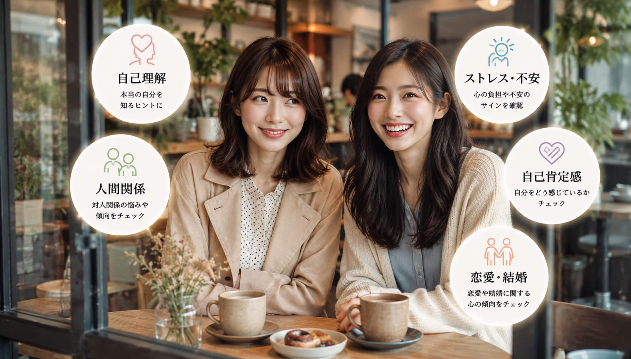カフェで過ごす日本人女性2人と、人間関係やストレスなどのセルフチェック項目を表したイメージ