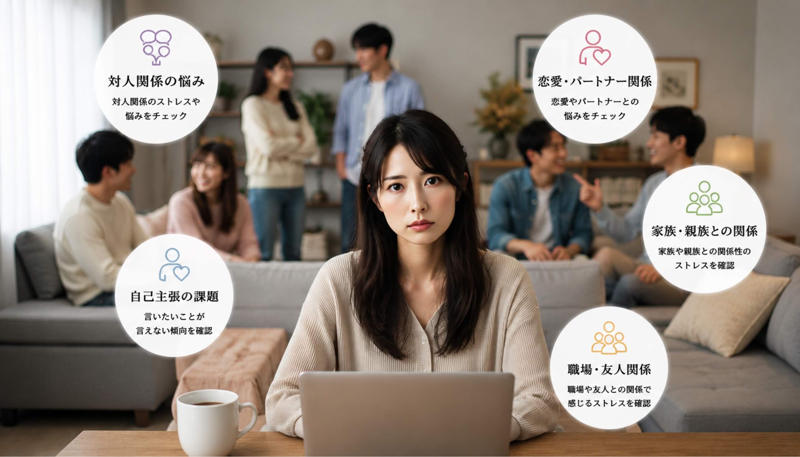 人間関係に悩む日本人女性と、恋愛や家族、職場などの対人関係のセルフチェック項目を表したイメージ