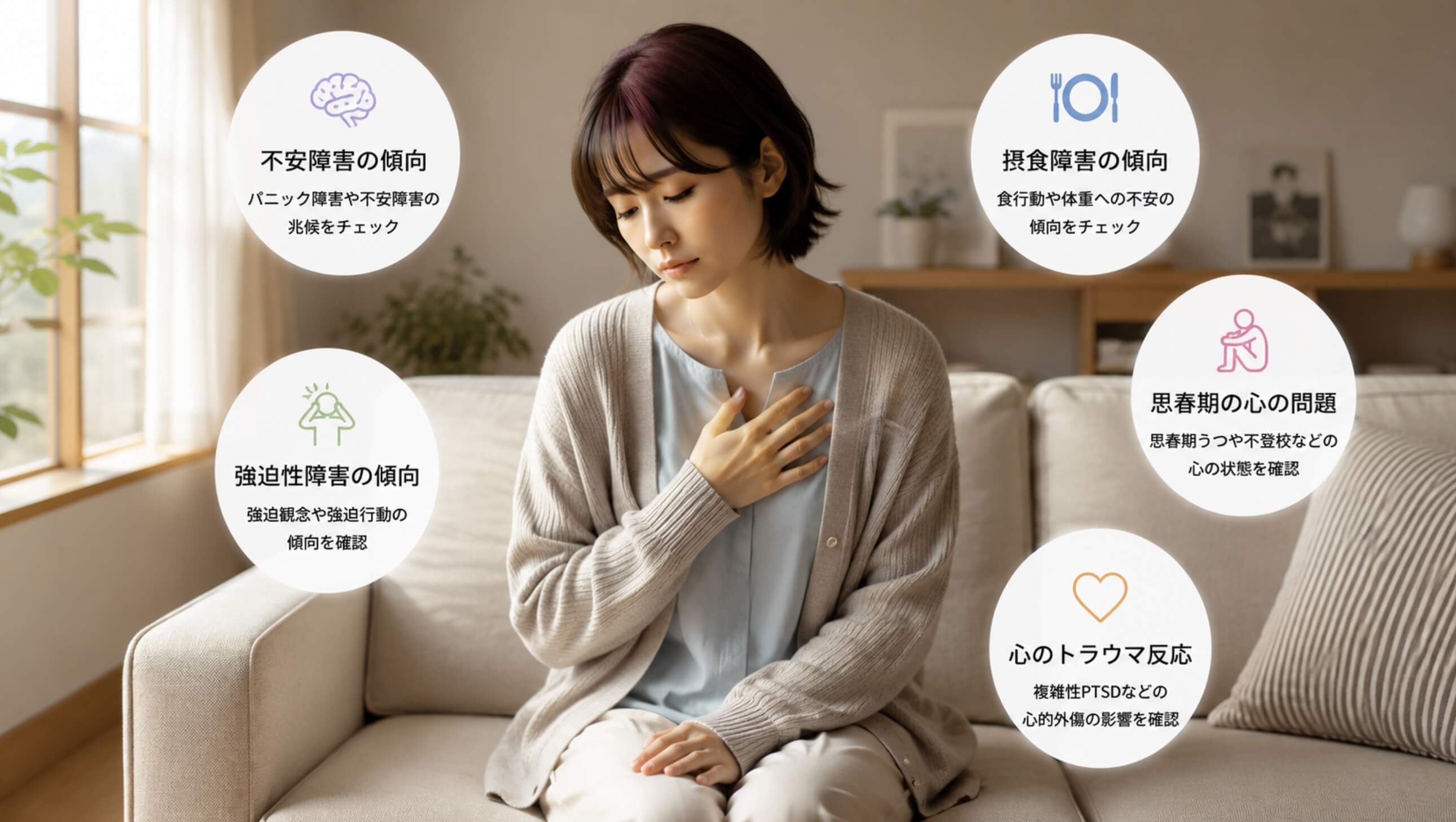 ソファに座る日本人女性と、不安障害や摂食障害、心のトラウマ反応に関するセルフチェック項目を示したイメージ