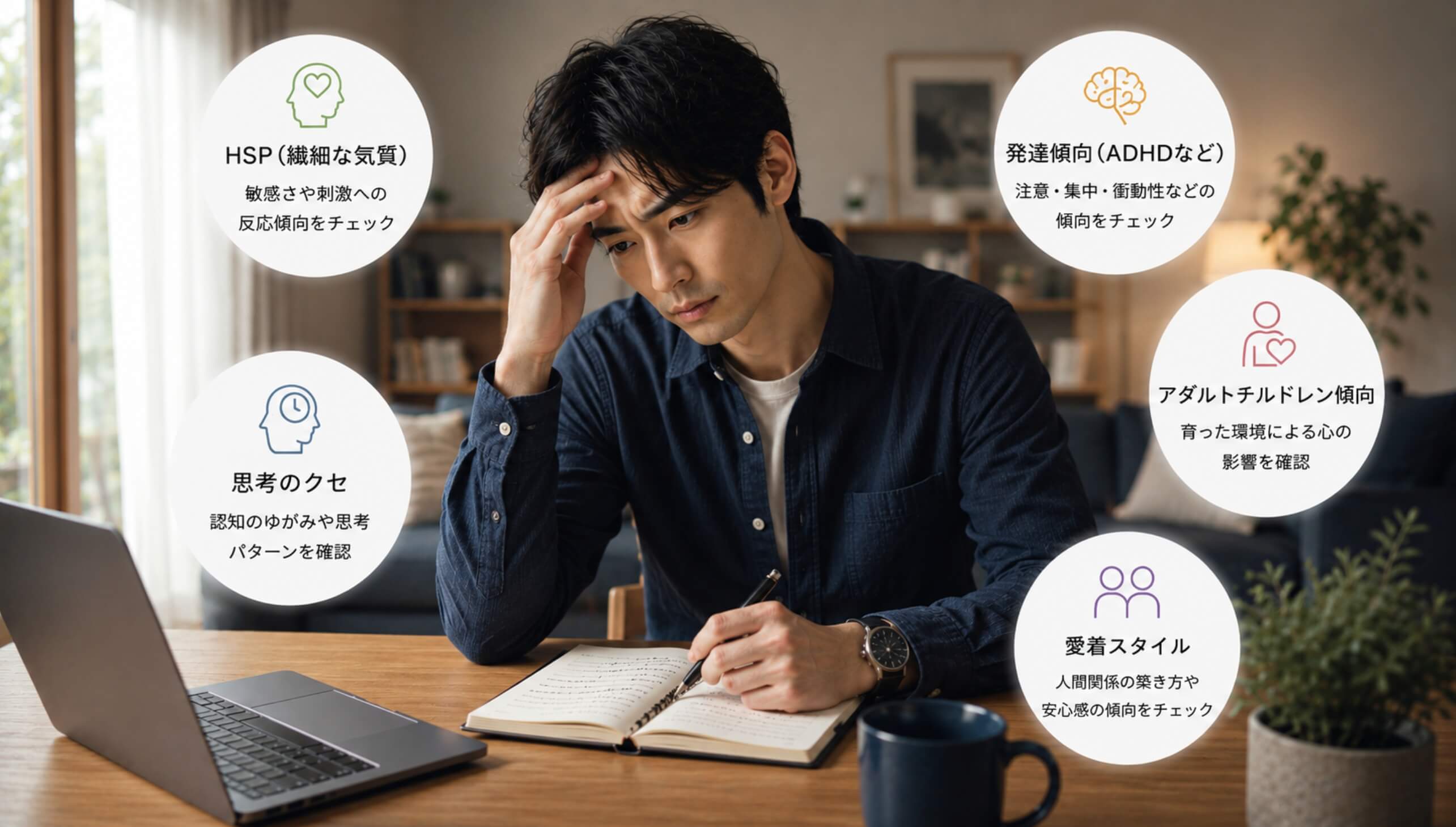ノートを見ながら考え込む日本人男性と、HSPやADHD傾向などの心理特性に関するセルフチェック項目を表したイメージ