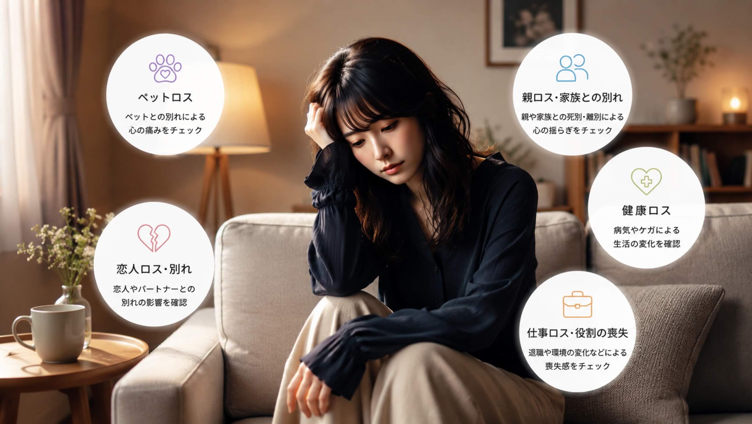 自宅で喪失感を抱える日本人女性と、ペットロスや親ロスなどのセルフチェック項目を表したイメージ