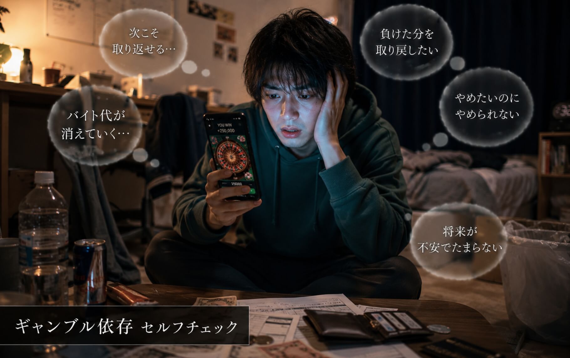 深夜にスマホの賭け事画面を見つめ焦る大学生｜ギャンブル依存セルフチェック