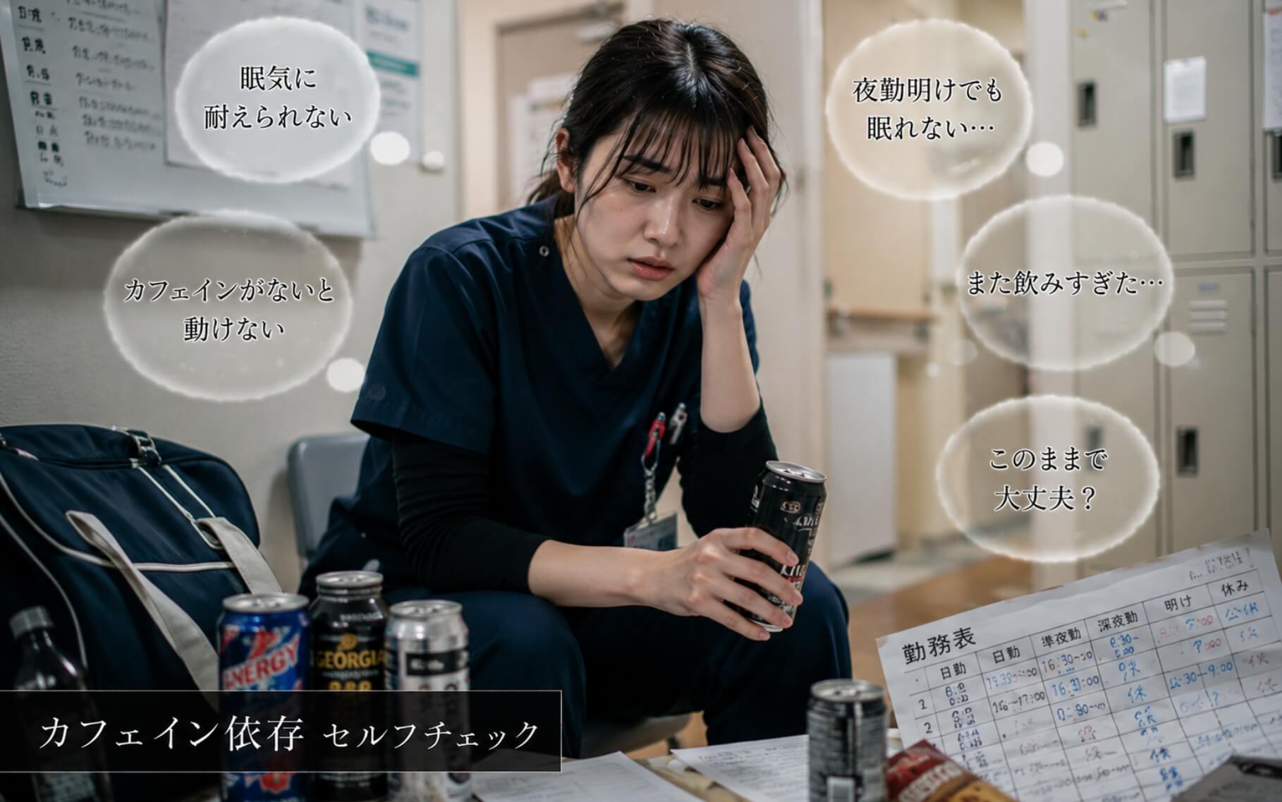 夜勤明けに疲れた目で飲み物を見つめる看護師｜カフェイン依存セルフチェック