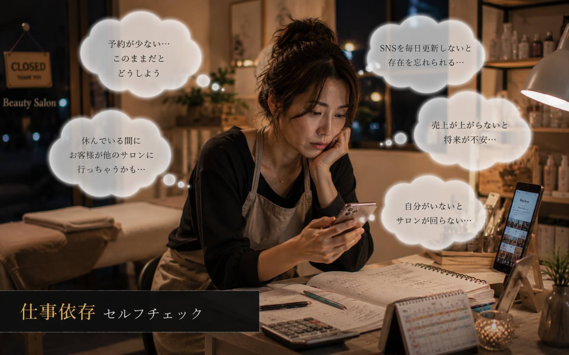 閉店後のサロンで予約状況を気にして働き続ける女性|仕事依存のセルフチェック