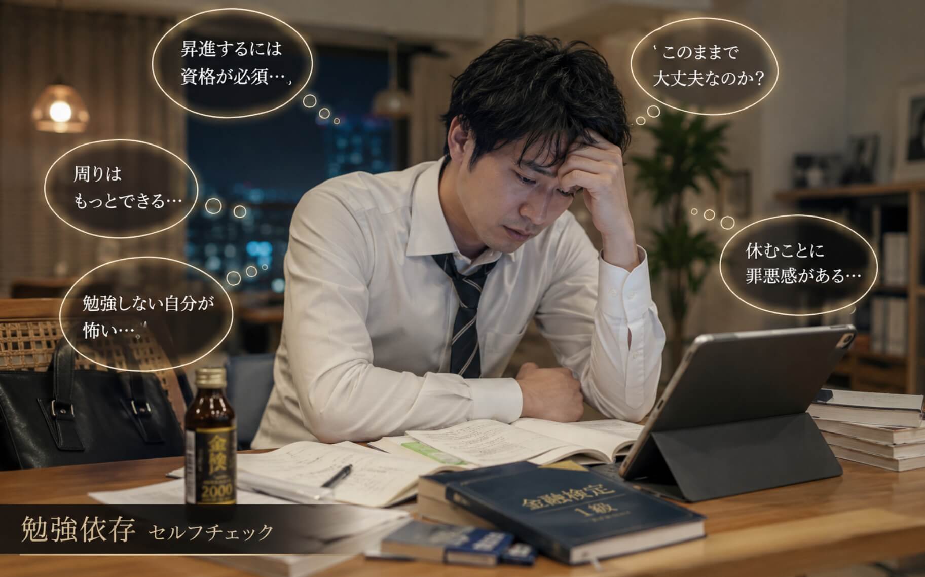 資格勉強を続けながら将来への不安と疲労を抱える銀行員男性|勉強依存のセルフチェック