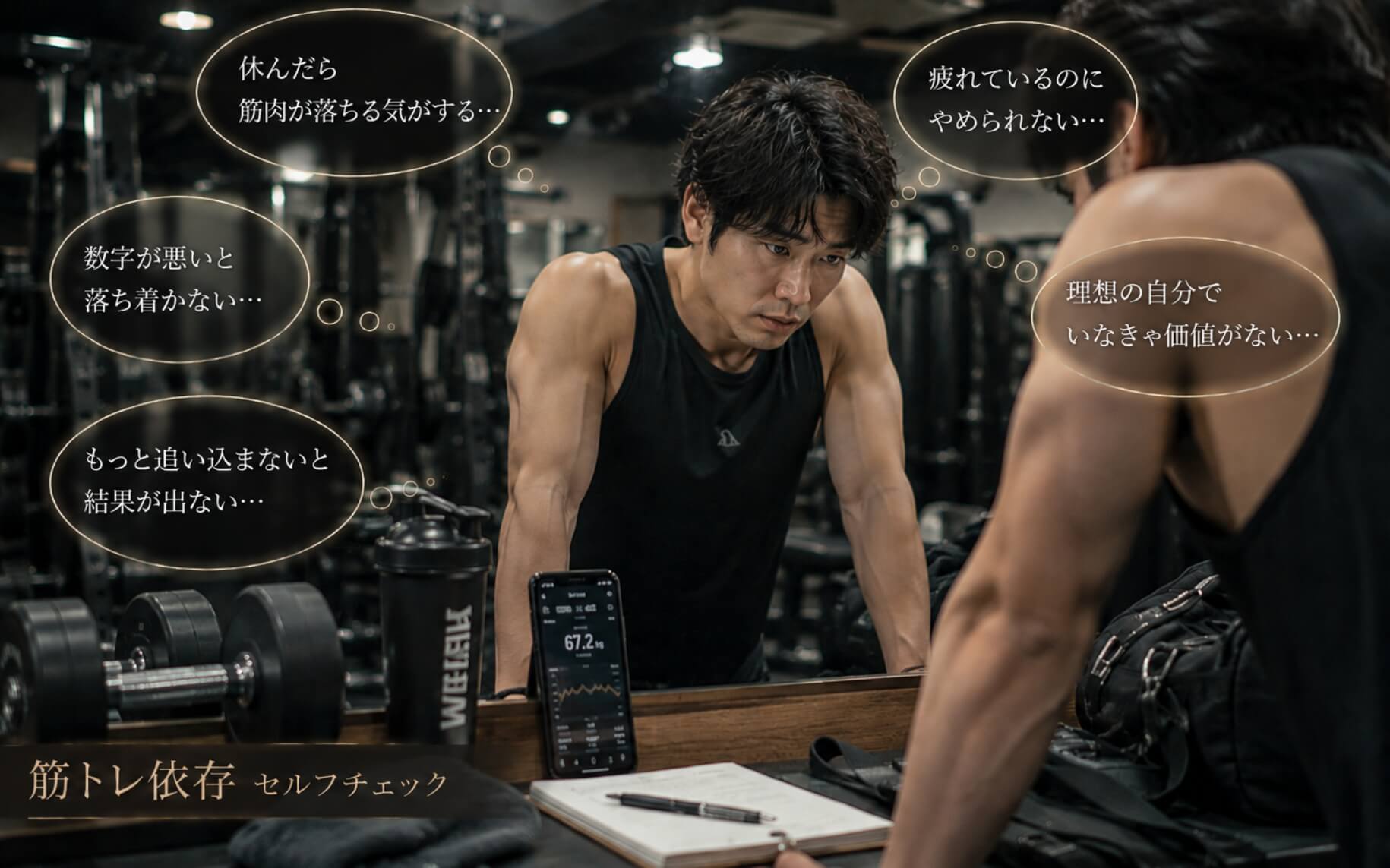 鏡の前で疲れた表情を浮かべ休めずに悩む男性トレーナー|筋トレ依存のセルフチェック