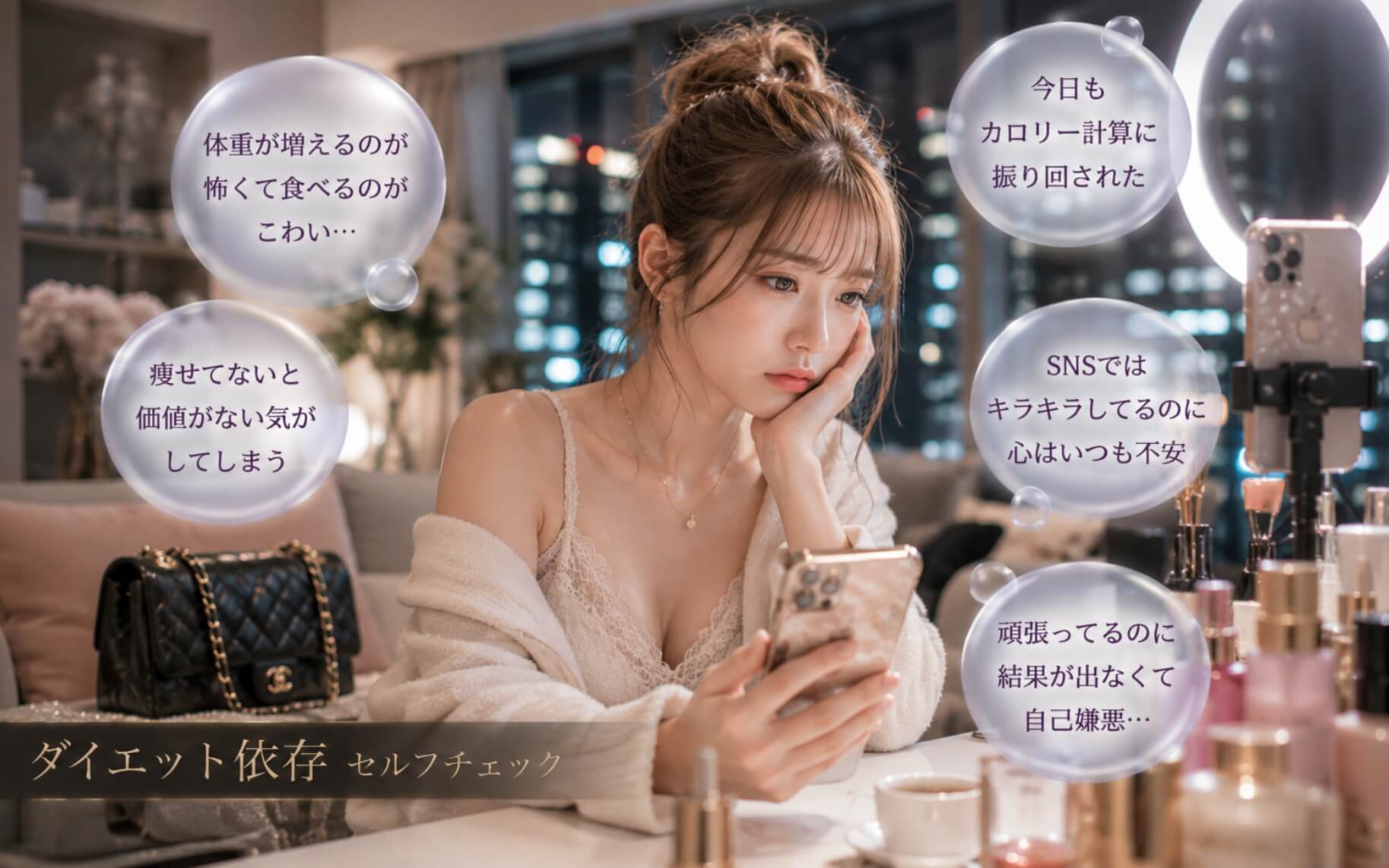 SNSの評価や体重管理に悩み続けるインフルエンサー女性｜ダイエット依存のセルフチェック