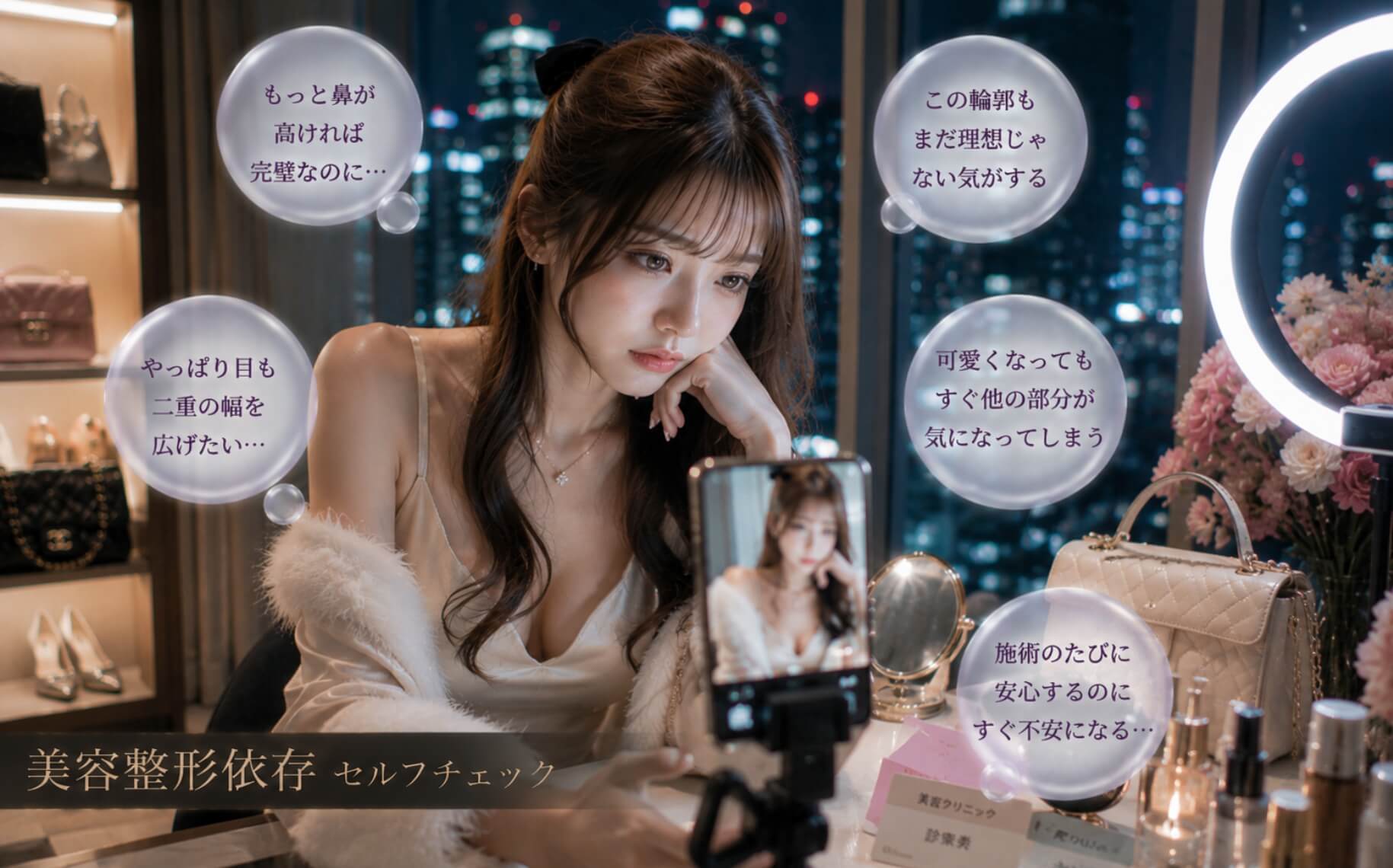 自撮り画面を見つめ理想の顔を追い求め続ける女性|美容整形依存のセルフチェック