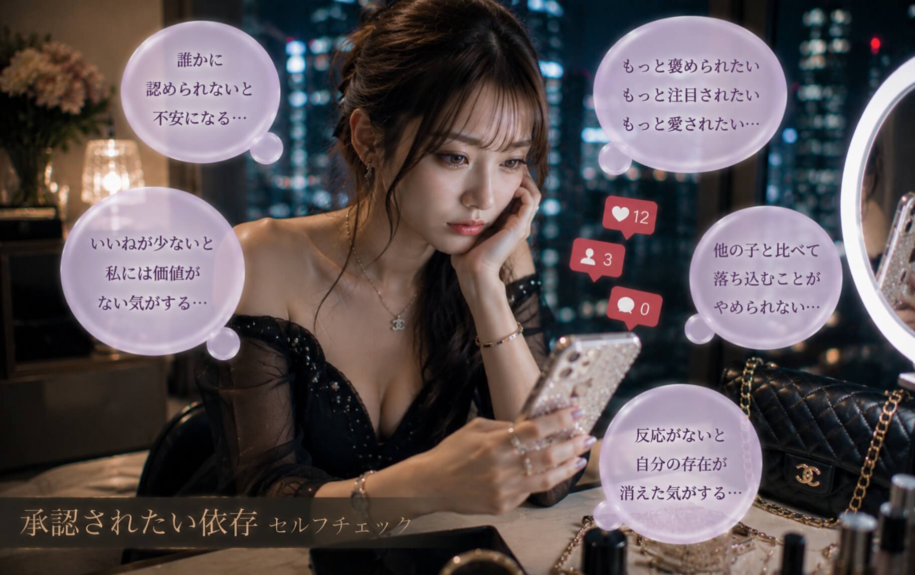 SNSの反応を見つめ不安を抱える女性｜承認されたい依存のセルフチェック