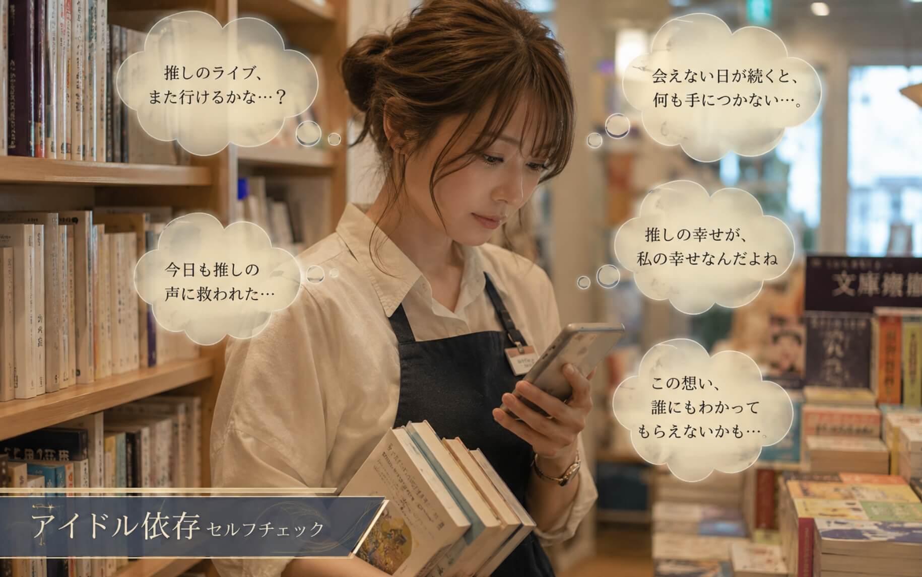 推しの配信を見つめながら心の支えを求める書店員女性｜アイドル依存のセルフチェック