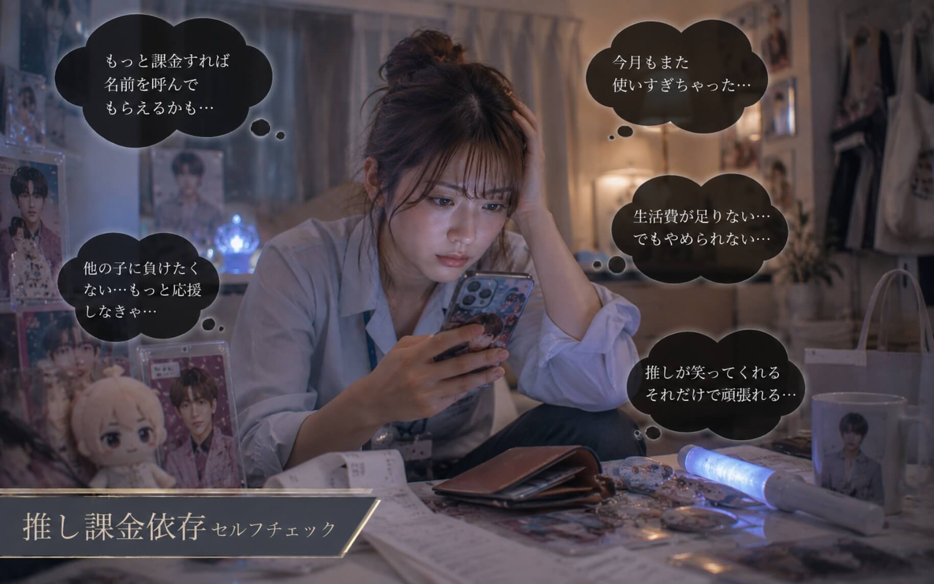 推しグッズに囲まれ支出への葛藤に悩む女性｜推し課金依存のセルフチェック