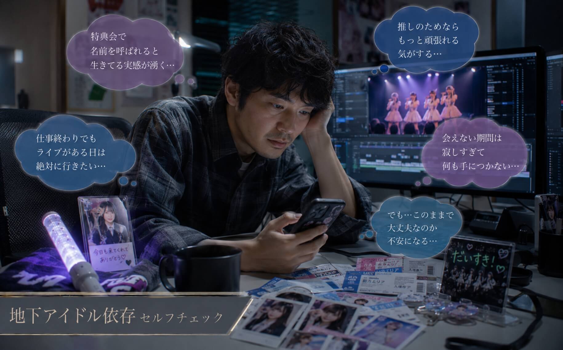 深夜の編集室で推しへの思いに疲れる男性｜地下アイドル依存のセルフチェック