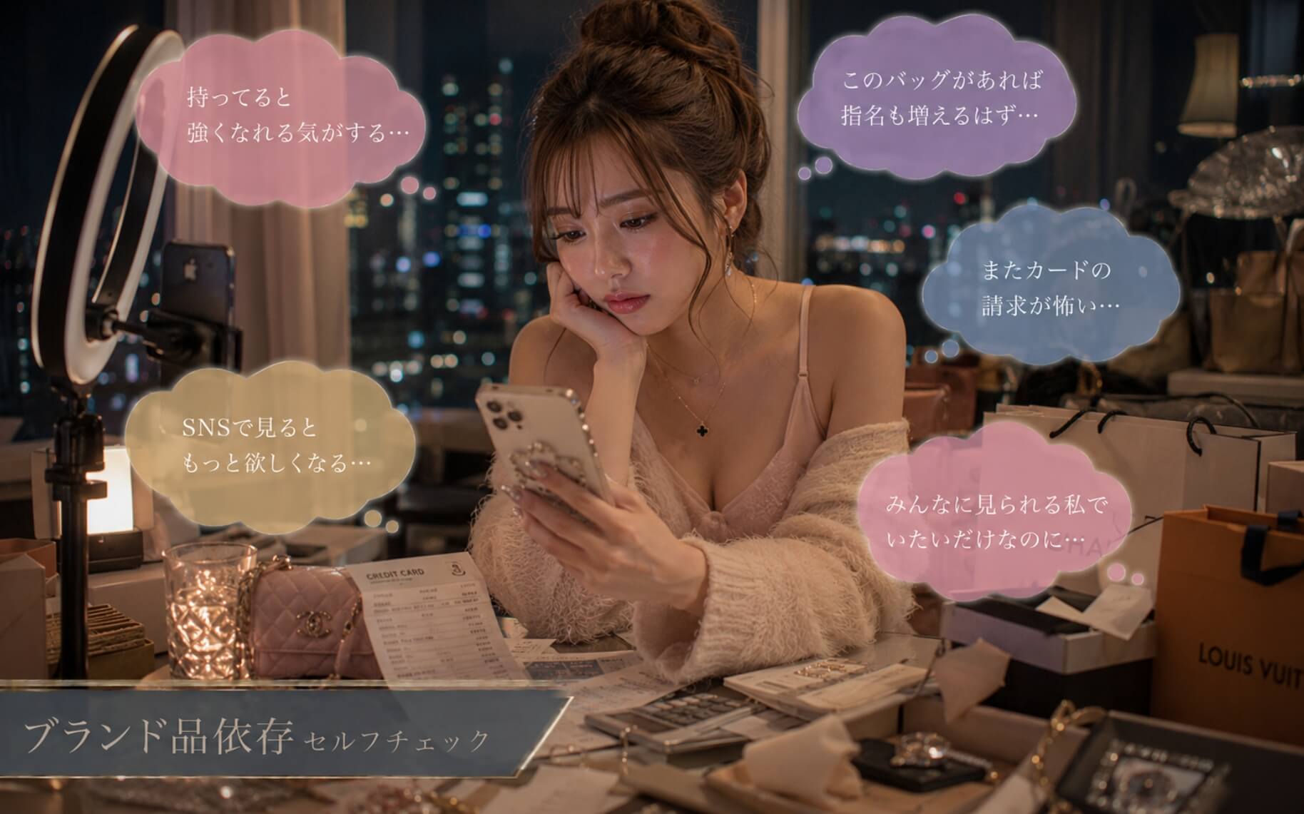 華やかな部屋で買い物後の孤独を感じる女性|ブランド品依存のセルフチェック