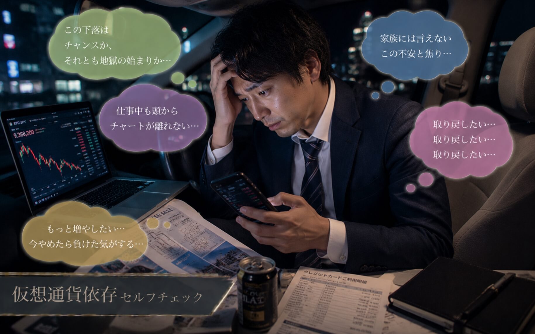 損失を取り戻したくてスマホを見つめる男性|仮想通貨依存のセルフチェック