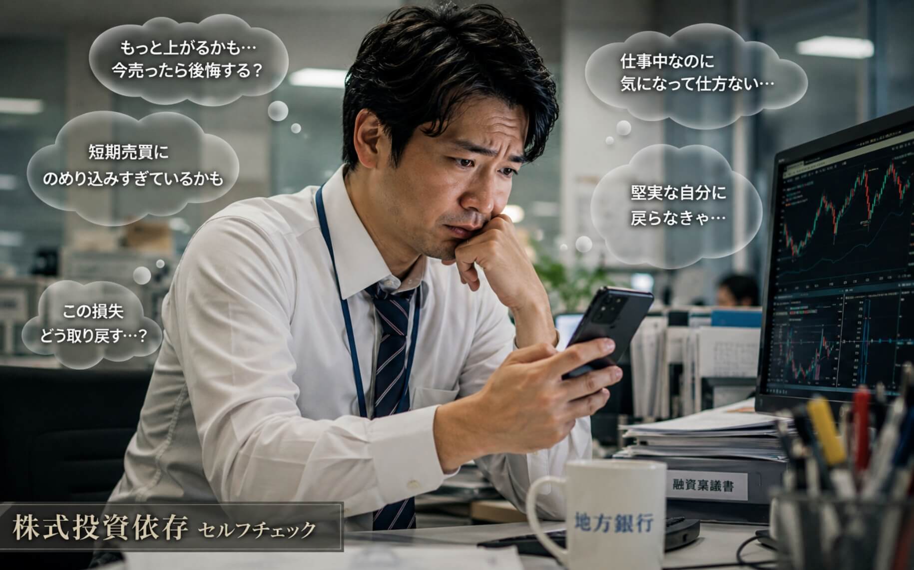 勤務中も株価を確認し続け葛藤する銀行員男性|株式投資依存のセルフチェック