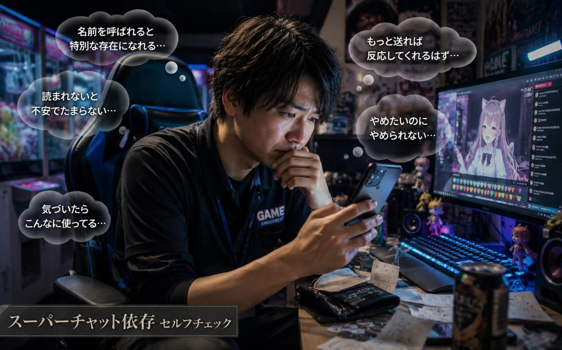 深夜の自室で投げ銭を迷う男性｜スーパーチャット依存のセルフチェック