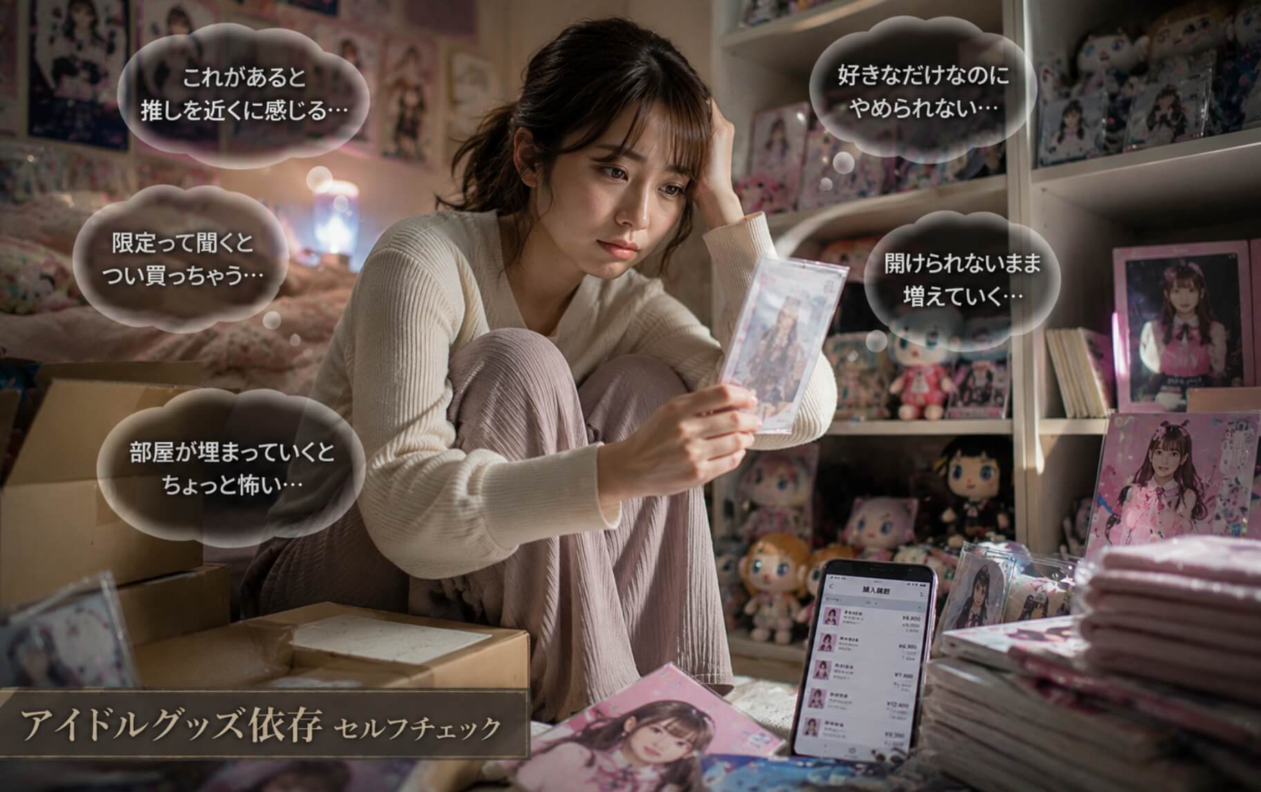 増え続ける推しグッズに心が揺れる女性|アイドルグッズ依存のセルフチェック