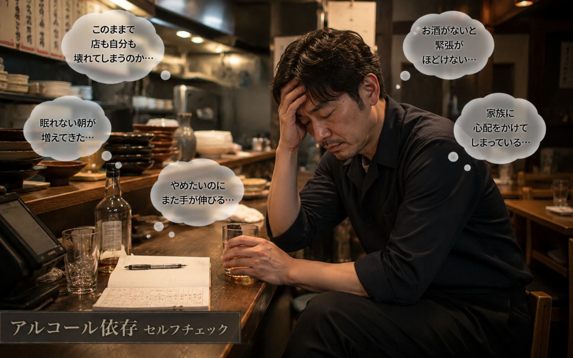 閉店後の店で酒を前にうつむく店長|アルコール依存のセルフチェック