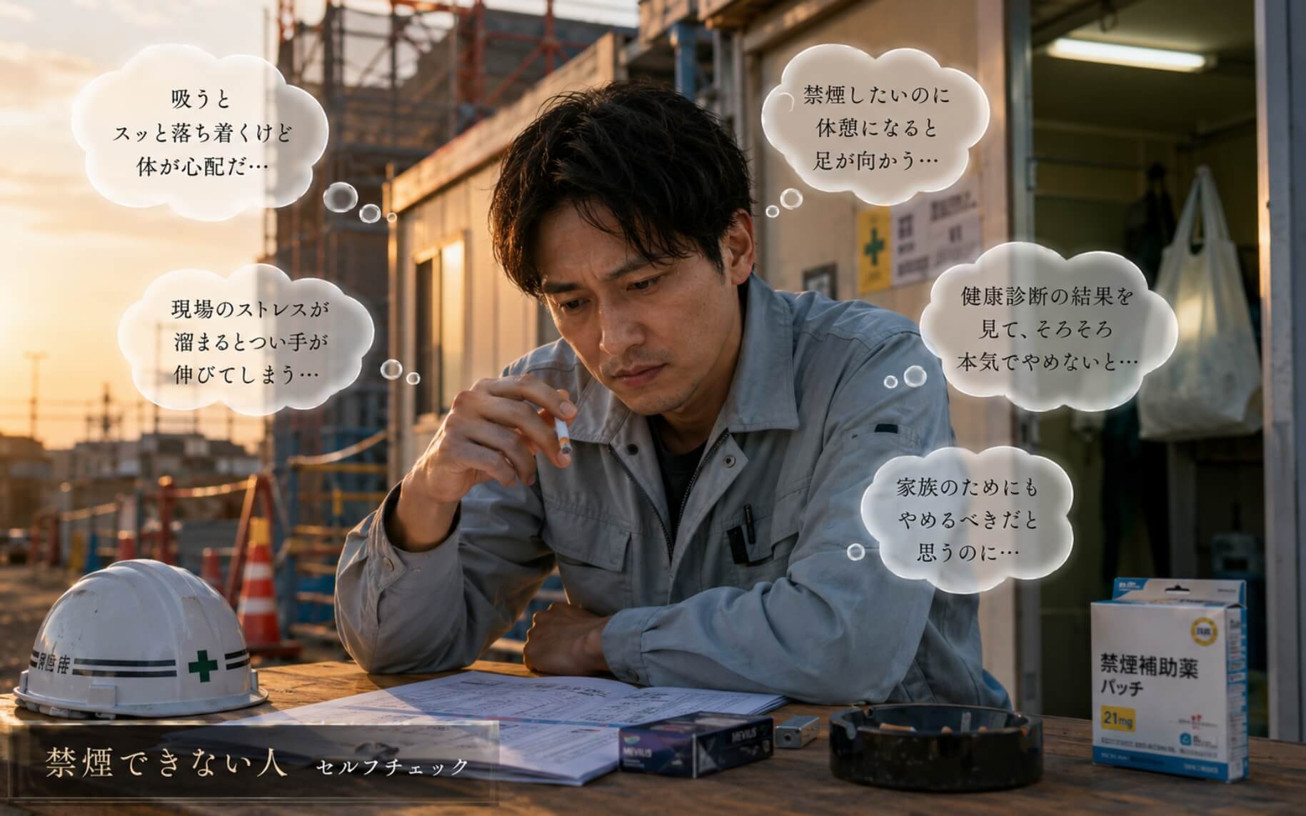 建設現場の休憩中、禁煙への葛藤を抱える現場監督|禁煙できない人 セルフチェック