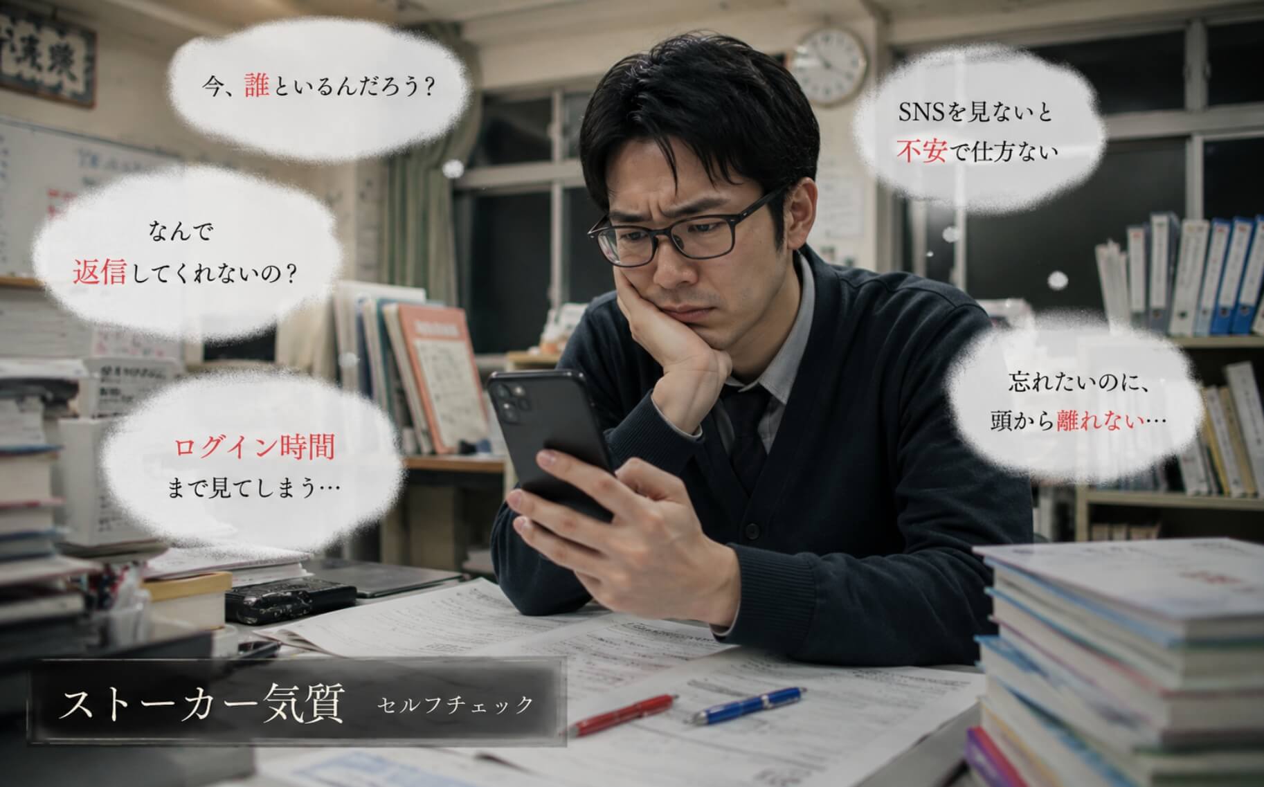 別れた相手の近況が気になり画面を確認する講師|ストーカー気質のセルフチェック