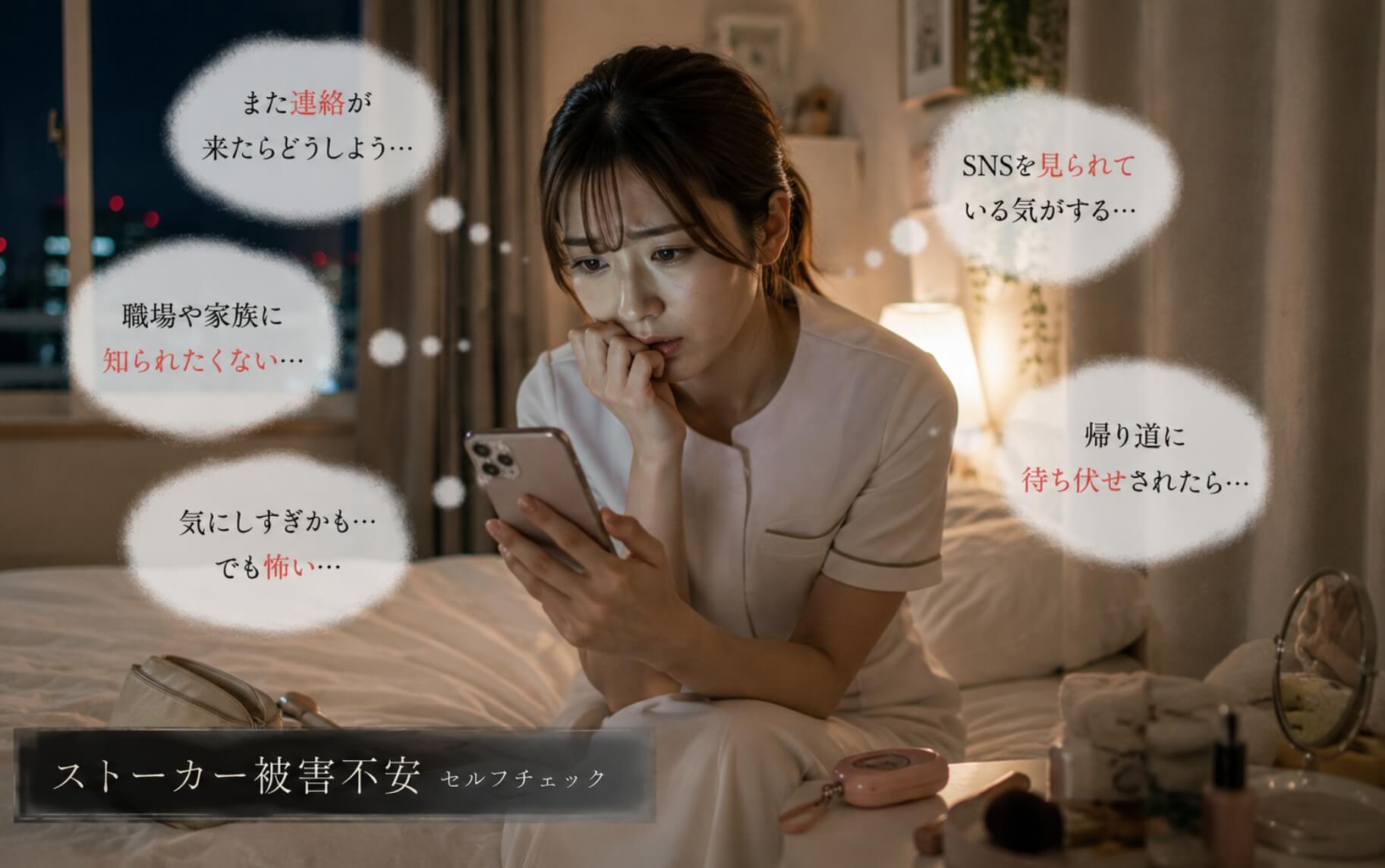 元交際相手からの連絡を恐れ画面を見つめる女性｜ストーカー被害不安のセルフチェック