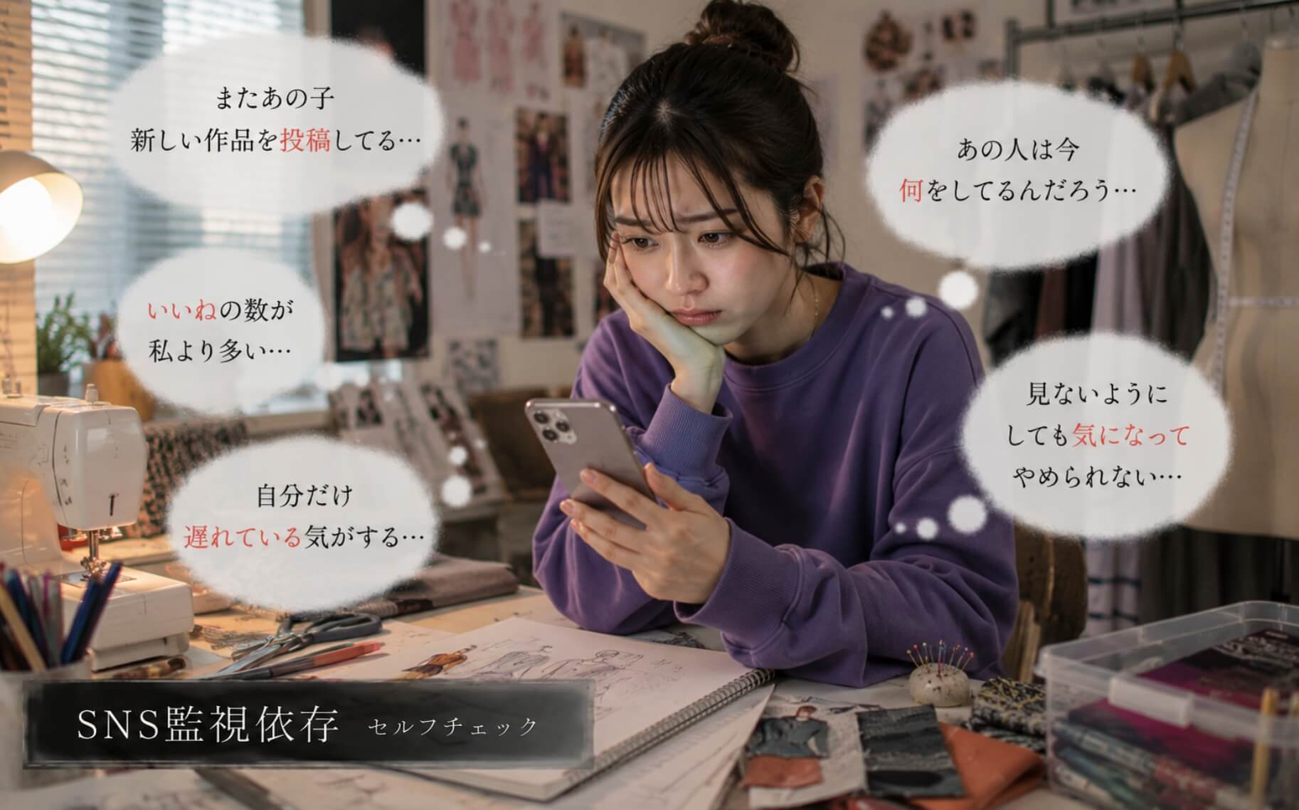 制作の手を止め他人の投稿を見続ける女性｜SNS監視依存のセルフチェック