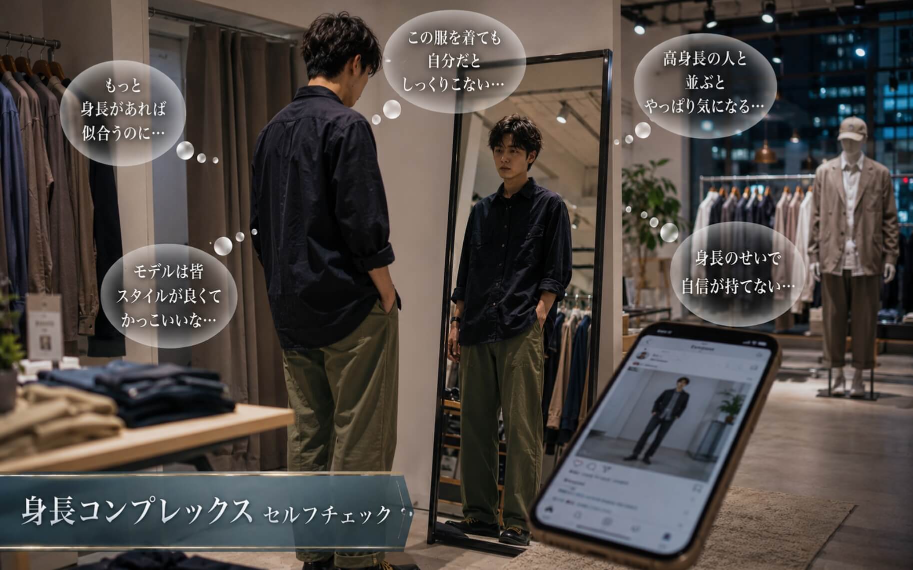 鏡の前で身長を気にして表情を曇らせる販売員|身長コンプレックスのセルフチェック