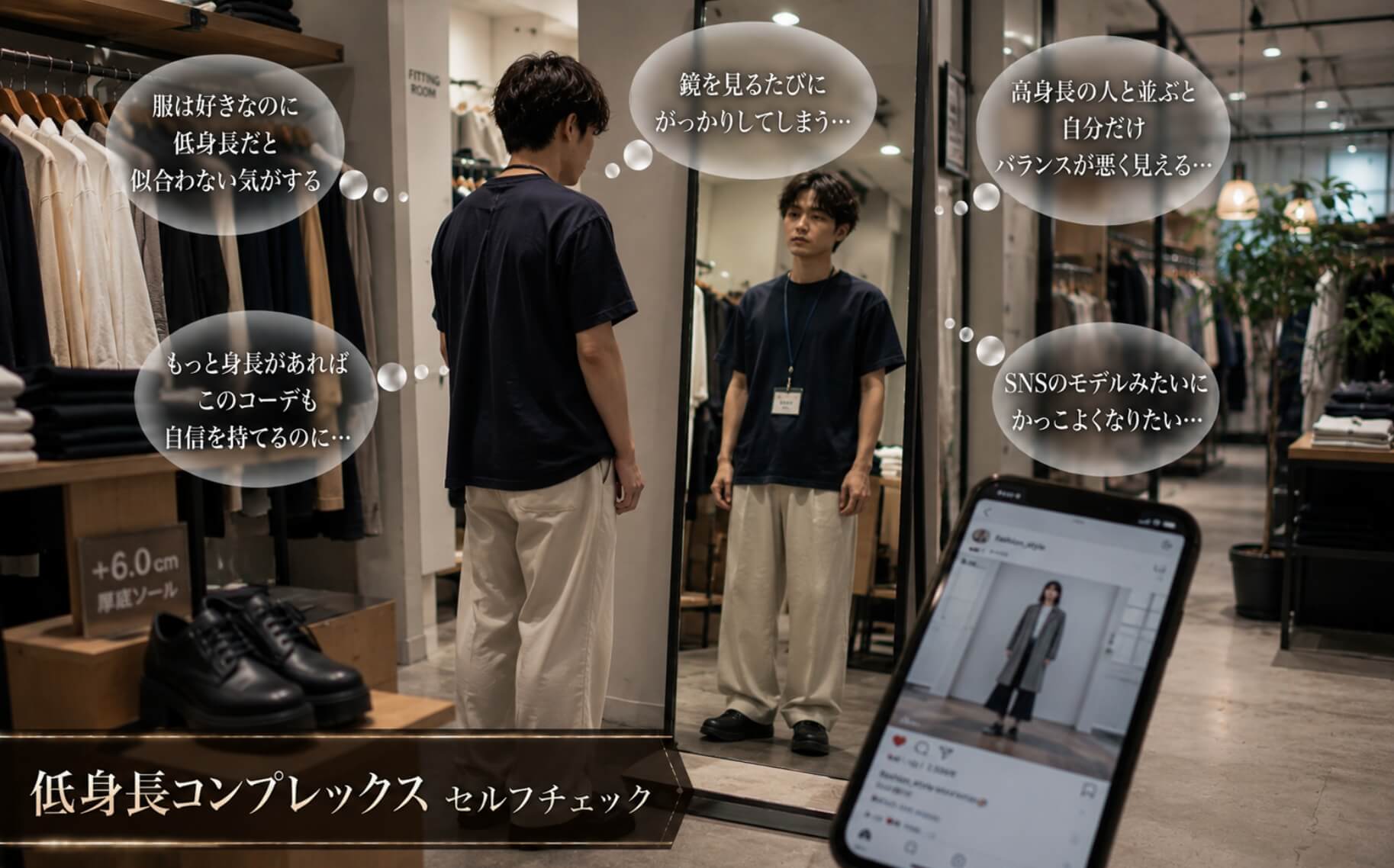 好きな服を着ても低身長が気になり悩む男性|低身長コンプレックスのセルフチェック