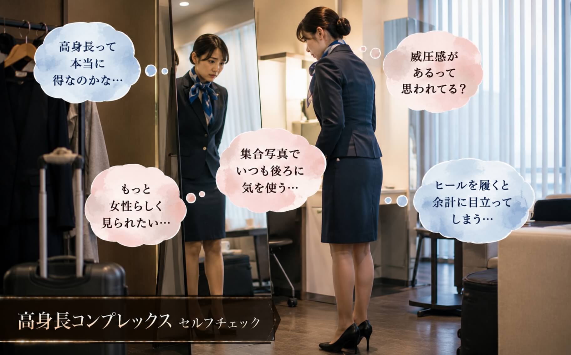 控室で自分の立ち姿を見つめ悩む客室乗務員｜高身長コンプレックスのセルフチェック