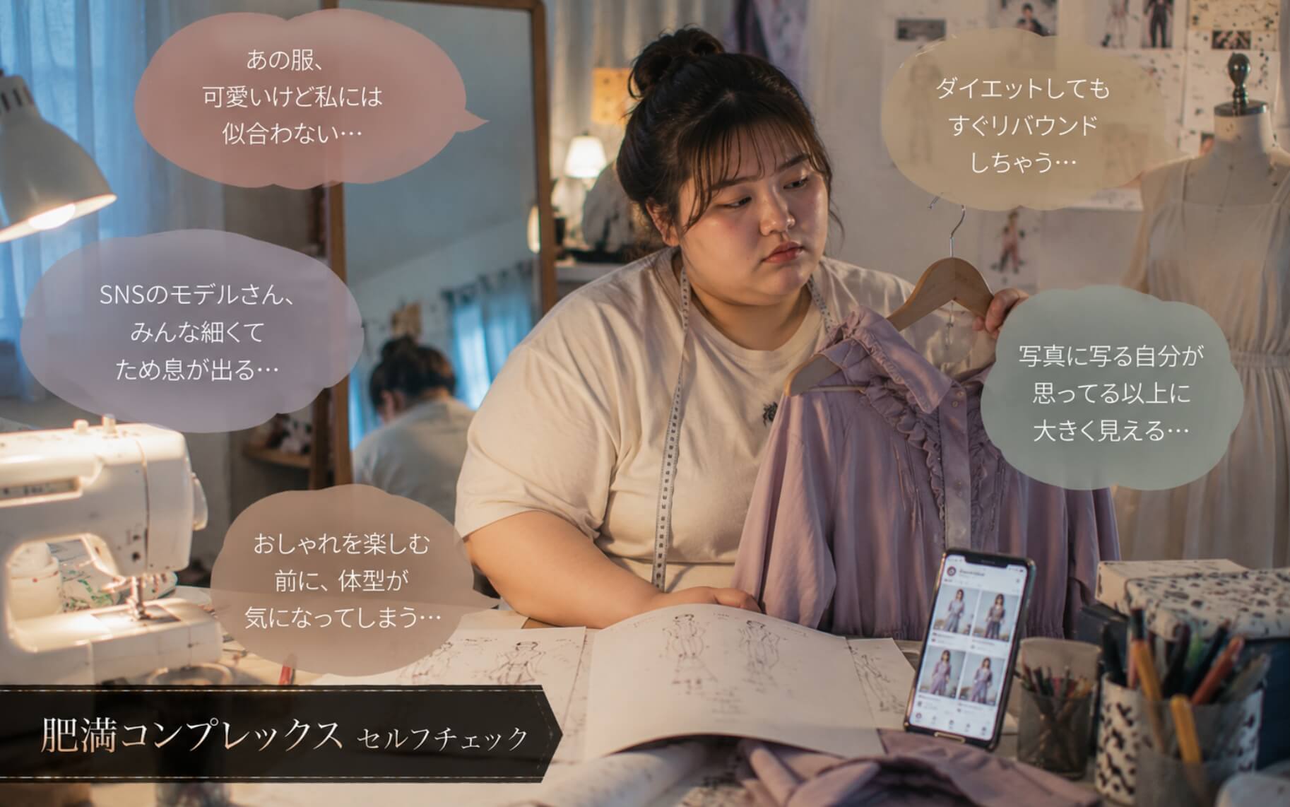 着たい服を前に体型が気になり悩む女性|肥満コンプレックスのセルフチェック