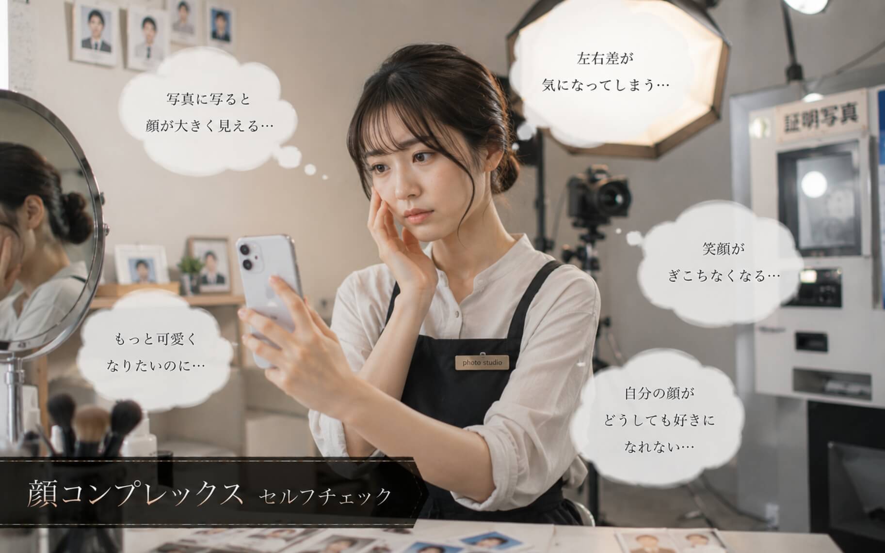 写真館で自分の顔立ちを気にする女性|顔コンプレックスのセルフチェック