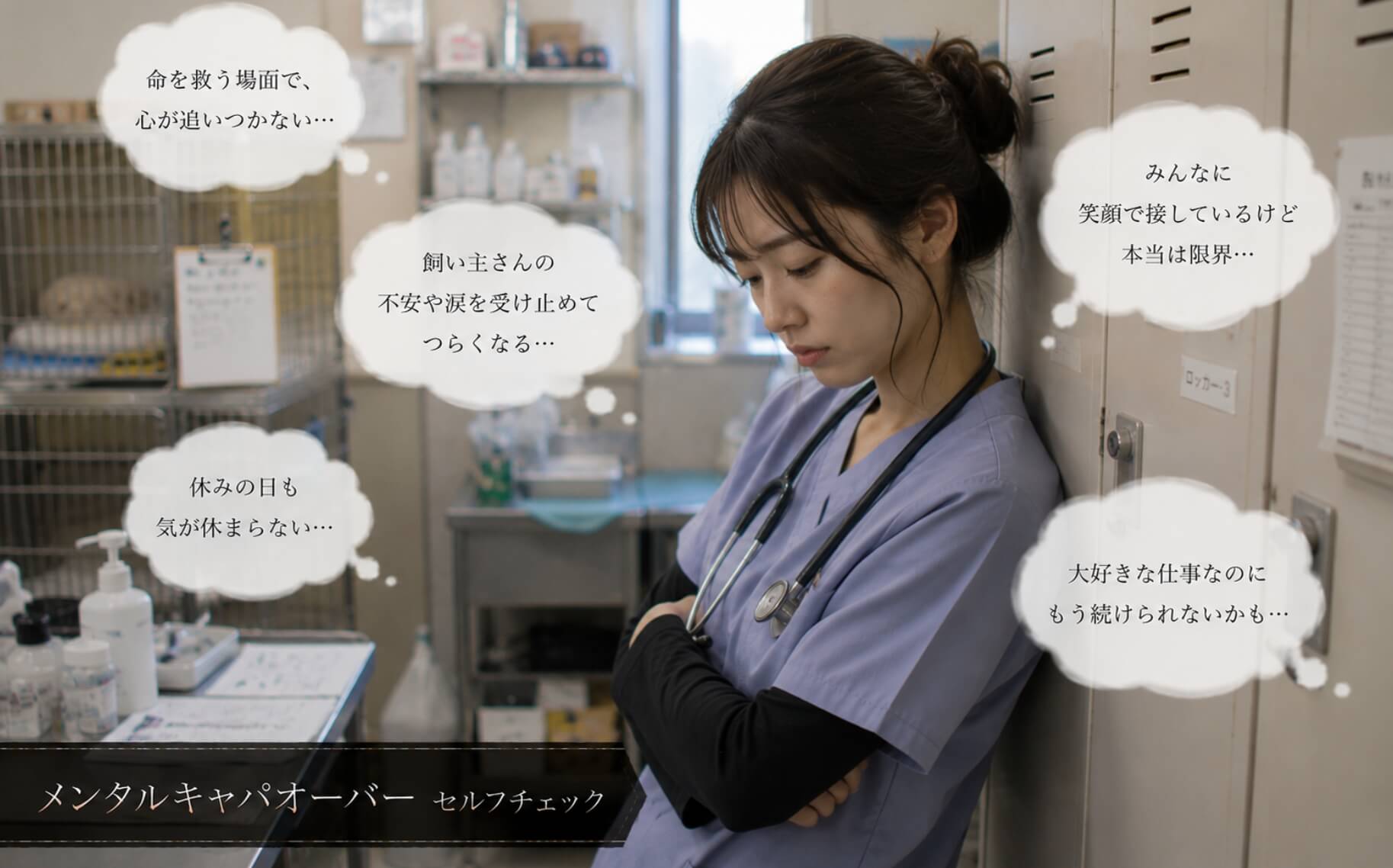 動物病院で心の限界を感じ目を伏せる女性|メンタルキャパオーバーのセルフチェック
