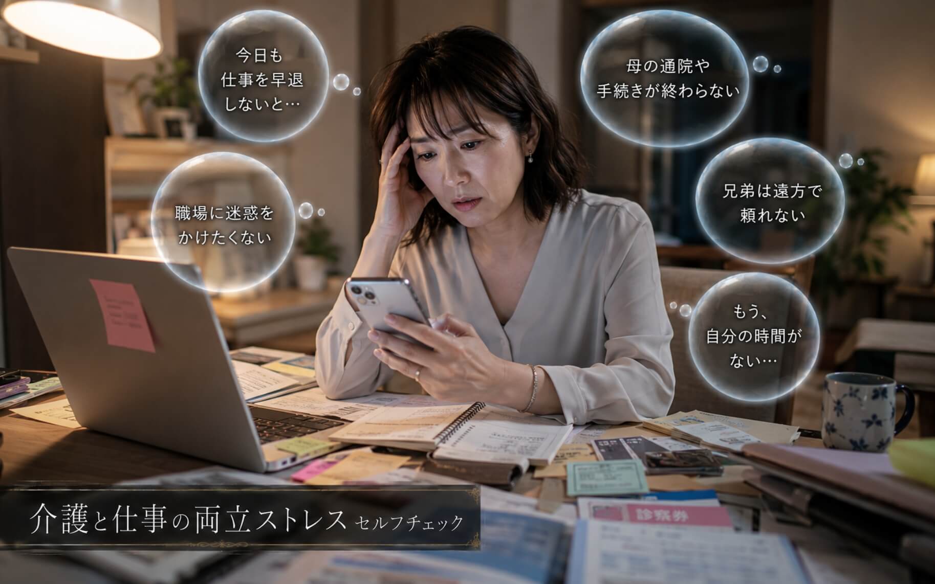 親の着信と業務対応に追われ限界を感じる女性｜介護と仕事の両立ストレスのセルフチェック