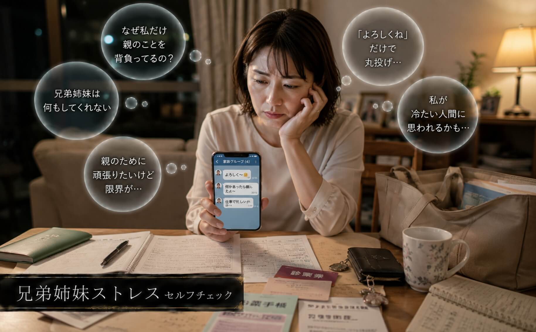 親の介護負担を一人で抱え込み悩む女性|兄弟姉妹ストレスのセルフチェック