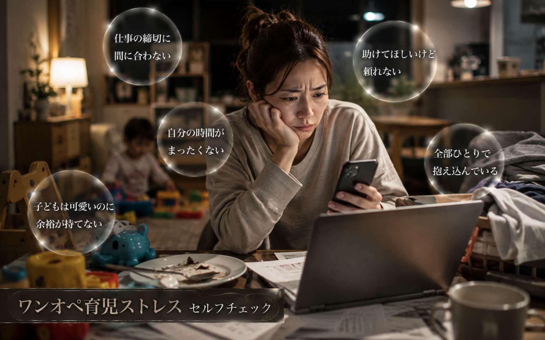 仕事と育児に追われ疲れた表情を浮かべる母親|ワンオペ育児ストレスのセルフチェック