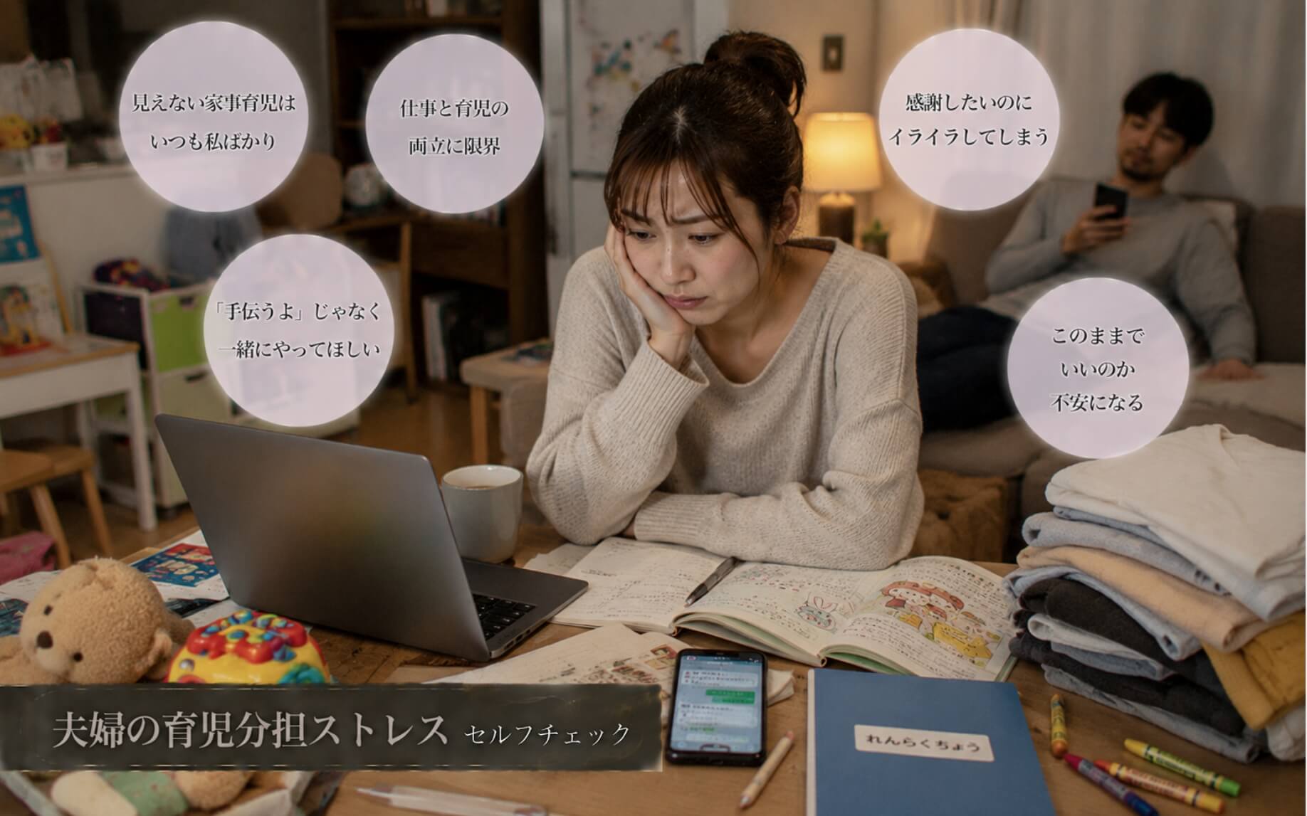 育児や家事の負担を一人で抱え込む母親｜夫婦の育児分担ストレスのセルフチェック