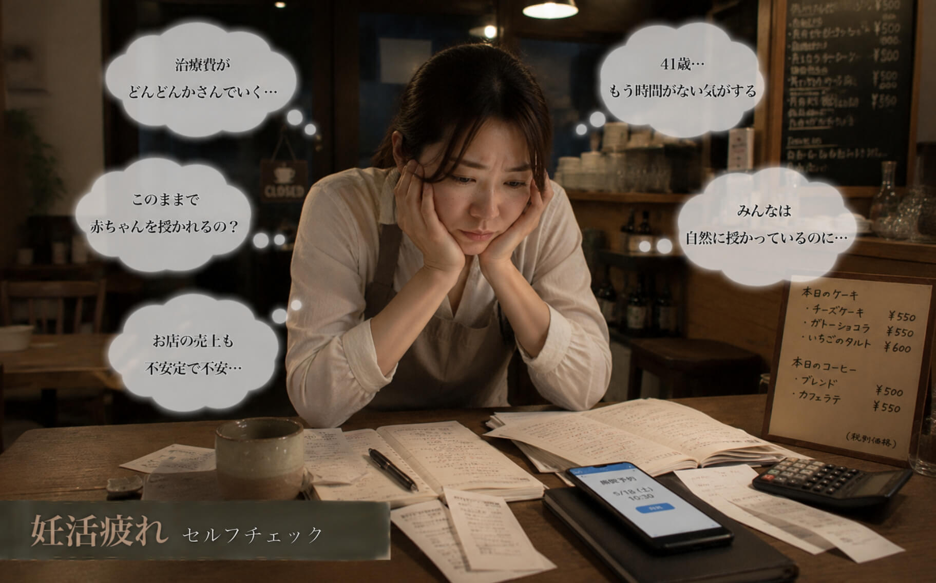 閉店後のカフェで妊活と仕事に悩む女性｜妊活疲れのセルフチェック