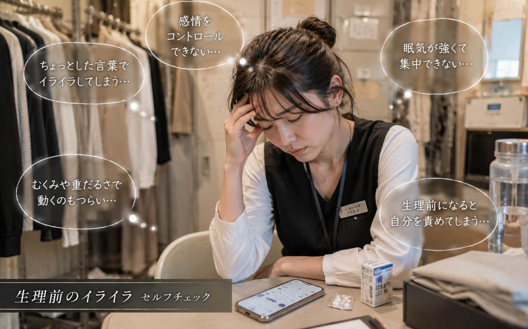 閉店後のバックヤードでこめかみに手を当てて疲れた表情を見せる女性｜生理前のイライラのセルフチェック