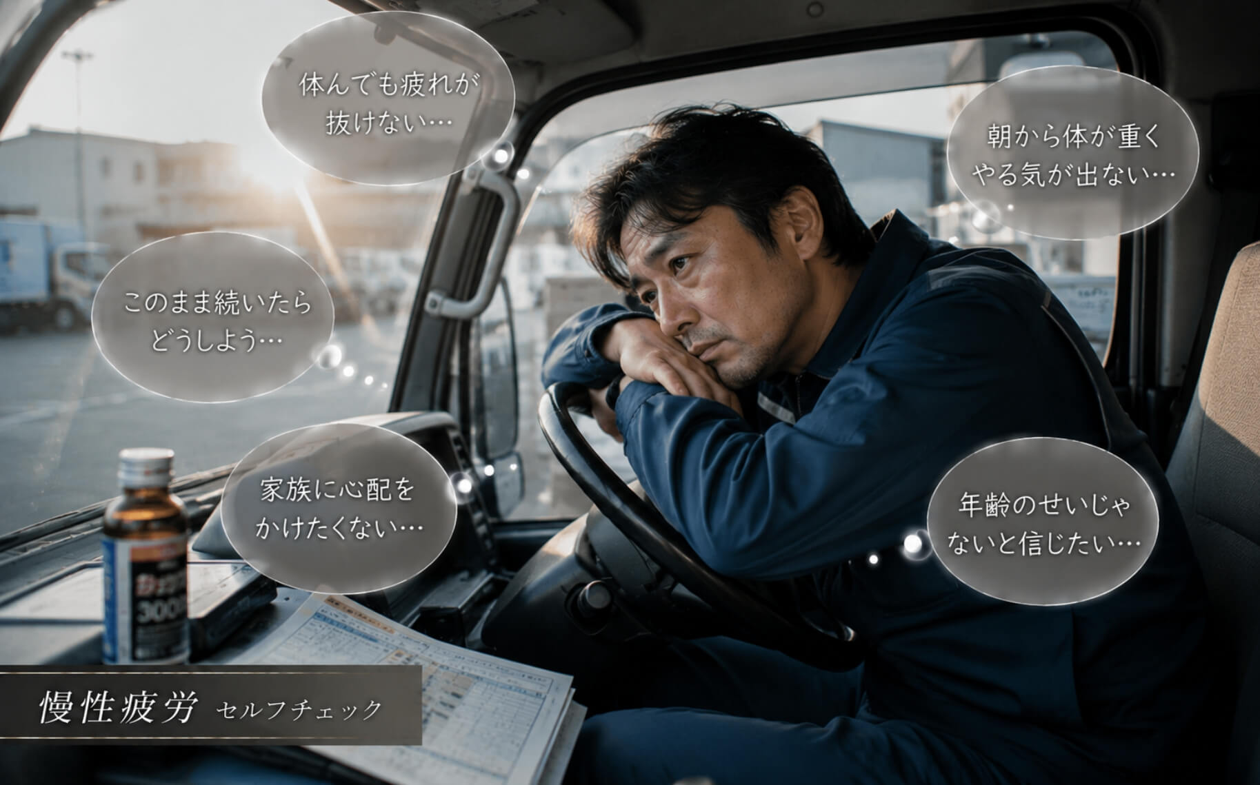 早朝の配送車内で疲れた表情のまま外を見つめる男性|慢性疲労のセルフチェック