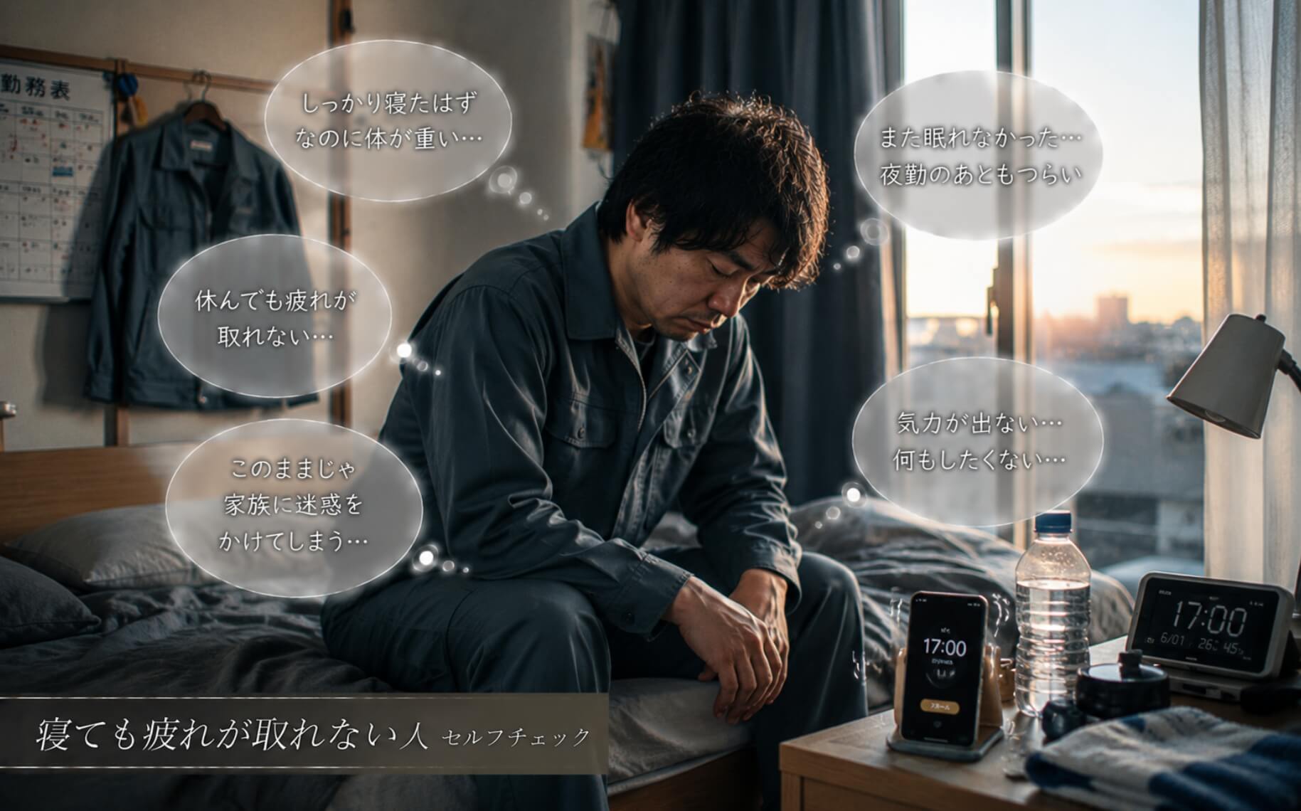 夜勤明けに眠ったのに疲労感が抜けずうつむく男性｜寝ても疲れが取れない人のセルフチェック