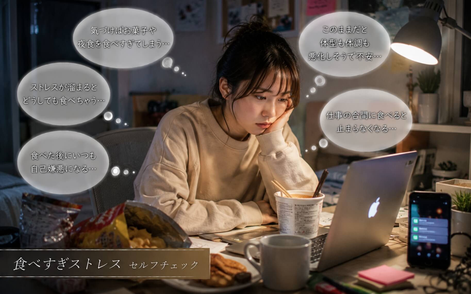 仕事のストレスから間食が止まらず悩む在宅勤務の女性｜食べすぎストレスのセルフチェック