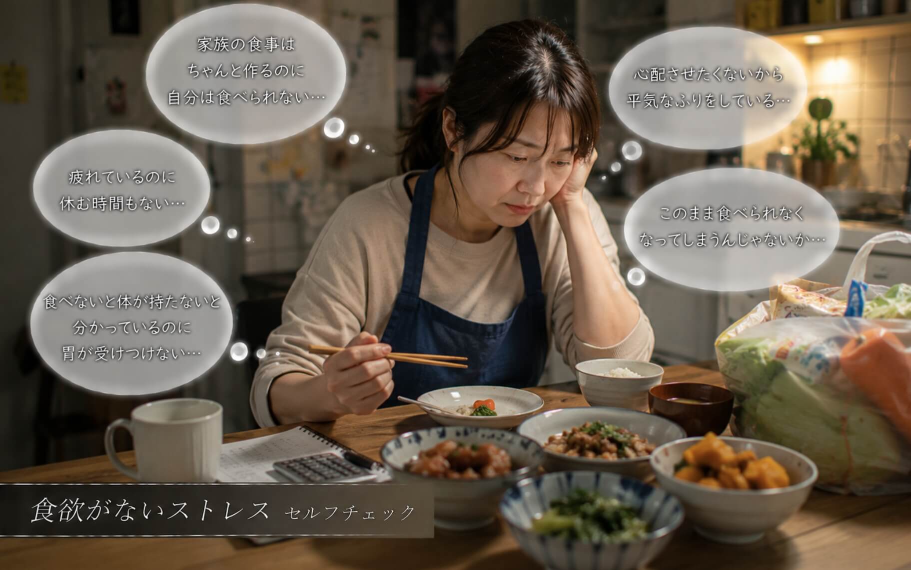 家族の食事を用意した後に自分だけ食べられず悩む女性｜食欲がないストレスのセルフチェック