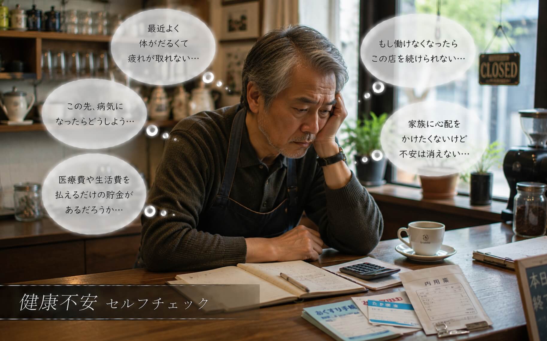 体調の変化と老後の心配で考え込む自営業の男性|健康不安のセルフチェック