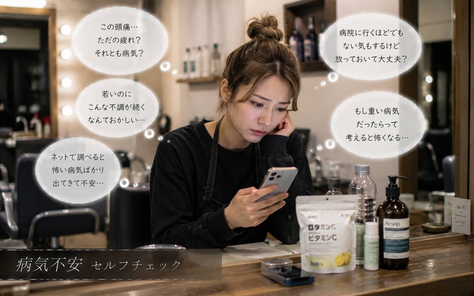 閉店後の美容室でスマホを見つめ病気への不安を抱える女性｜病気不安のセルフチェック
