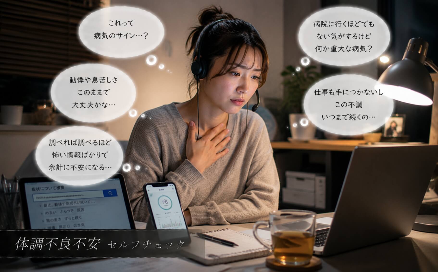 健康情報を調べながら胸元を押さえて悩む女性|体調不良不安のセルフチェック